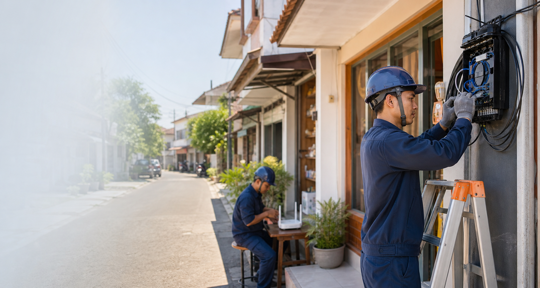 Teknisi fiber internet sedang melakukan pemasangan jaringan